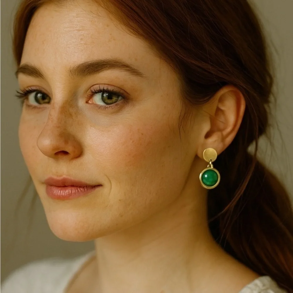 Vintage-Inspired Green Stone Dangle Earrings  Gold Trim Classic Elegant Look new